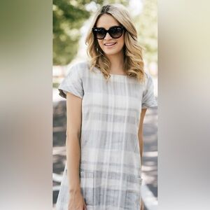 Eileen Fisher Dress Size L Gray Plaid Airy Organic Linen Cotton